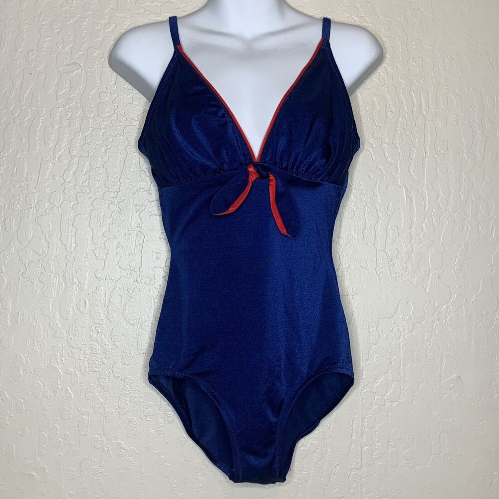 Vintage 50's DE WEESE DESIGN Blue Red One Piece Swimsuit Bathing Suit Size 12/34